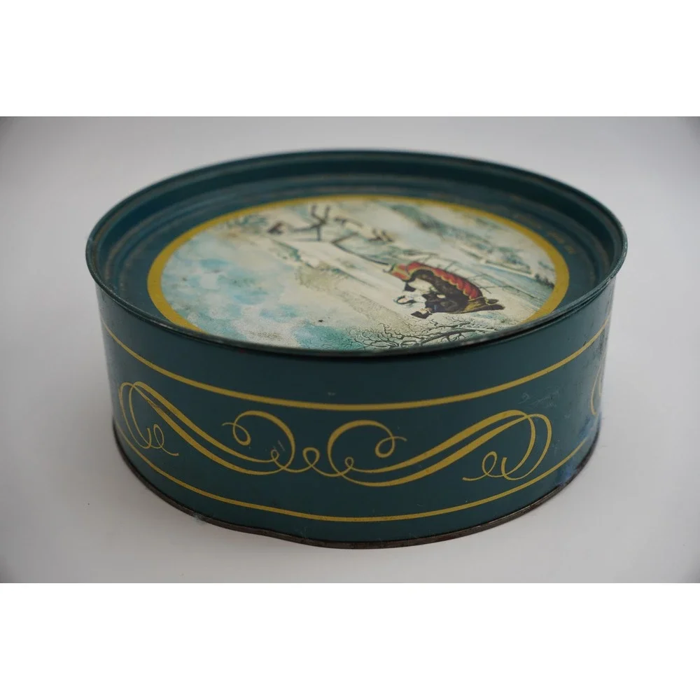 Vtg Currier & Ives Tin The Road Winter Horse Drawn Sleigh Snow Christmas